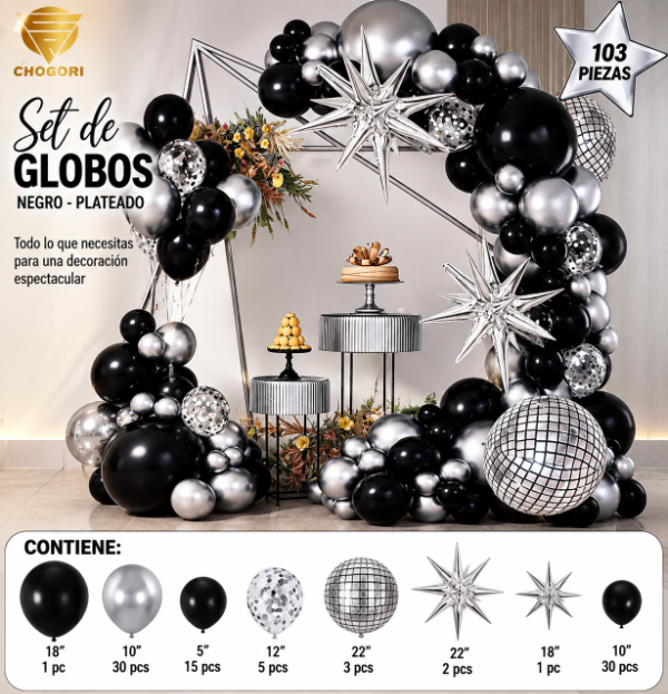 Producto - Set globos plata negro estrella 103 piezas - 0