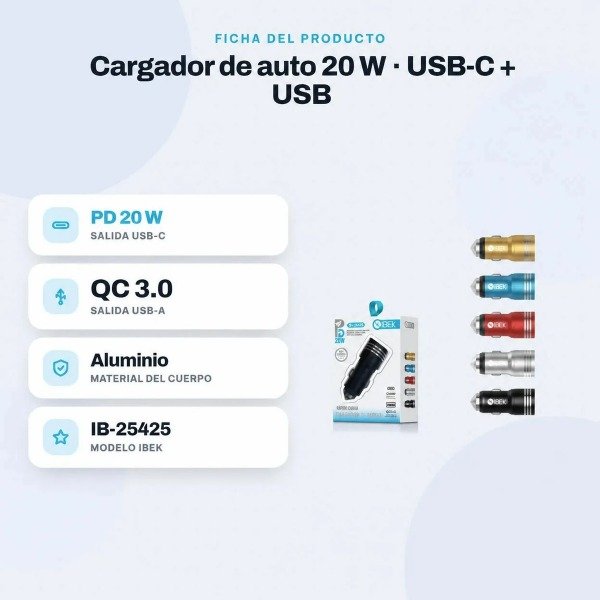 Producto - Cargador para Auto 20W con USB + Tipo c Ibek IB 25425 Plata - 3