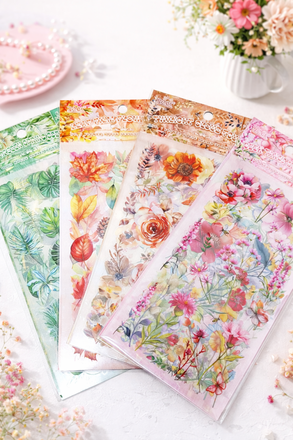 Producto - 6 Planchas Stickers PET Estilo Floral, Botánico y Otoñal