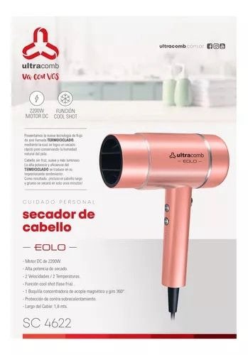Producto - Secador de Cabello 2200w SC-4622 Ultracomb Motor DC de 2200W.