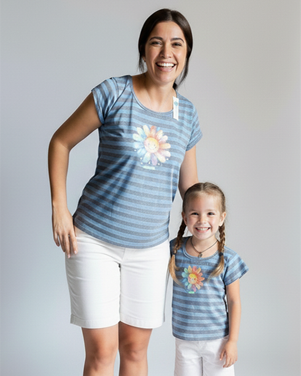 Producto - Remera de Algodón Rayado Azul y Gris - Flor - 0