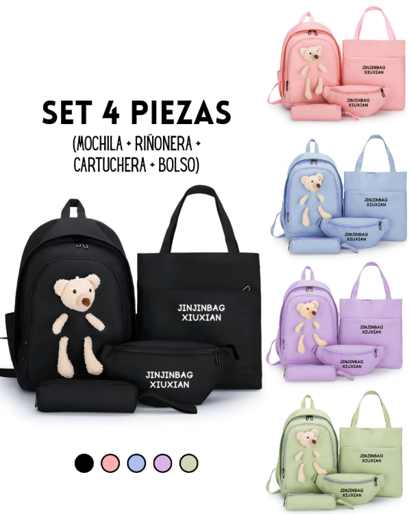 Producto - SET 4 PIEZAS (MOCHILA + RIÑONERA + CARTUCHERA + BOLSO)