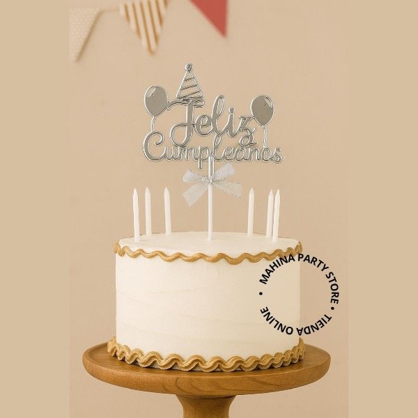 Producto - Topper Feliz cumpleaños Plata con globos