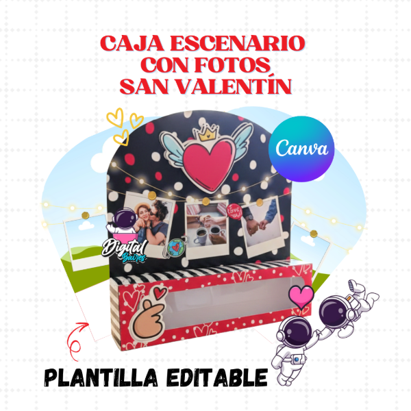 Producto - Plantilla Editable en Canva Caja Escenario con fotos San Valentín. DigitalBaires