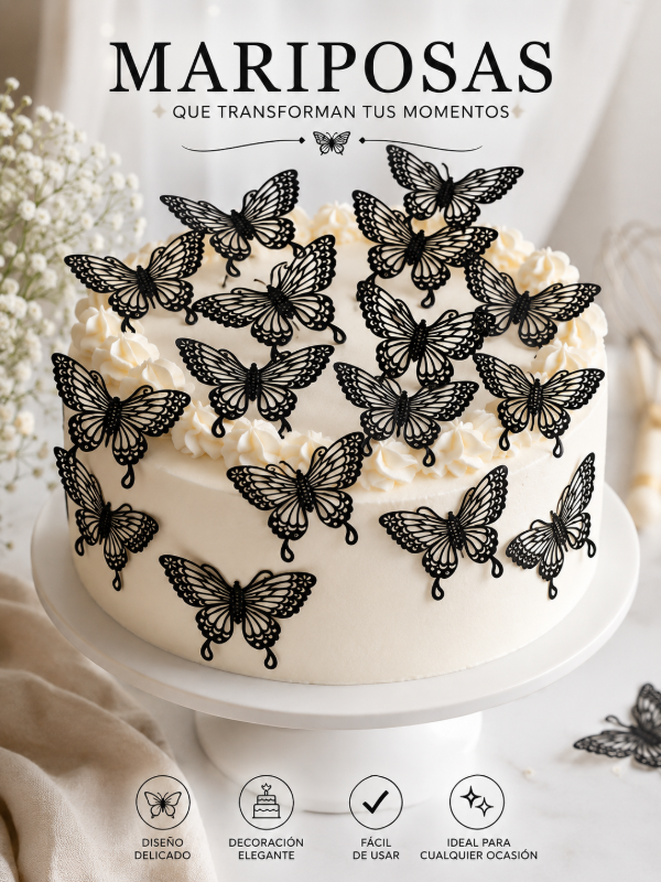 Producto - Set de 12 mariposas caladas negras  (NO COMESTIBLE