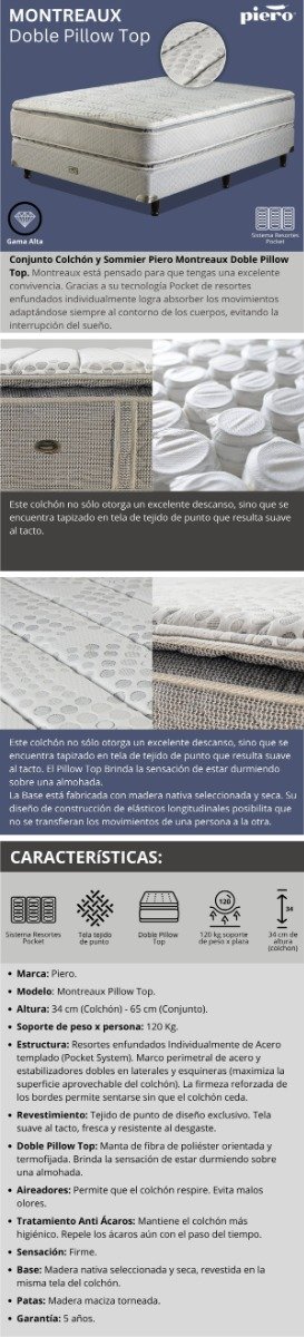 Producto - Sommier y Colchón Piero Montreaux Doble Pillow Top 200x180 +2 almoh. regalo - 12