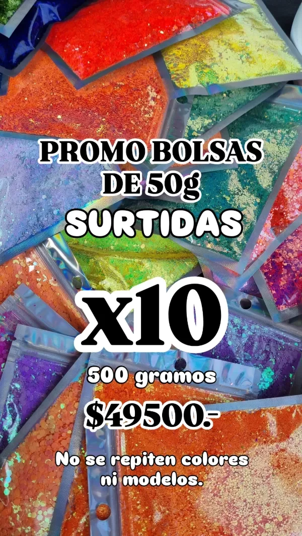 Producto - PROMO 10 bolsas glitter premium de 50g surtidas