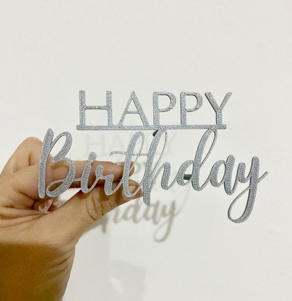 Producto - Cake topper "Happy Birthday" Plateado imprenta y cursiva