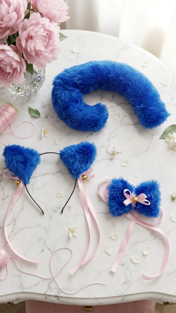 Producto - conjunto neko gato peluche azul cintas rosas - 4
