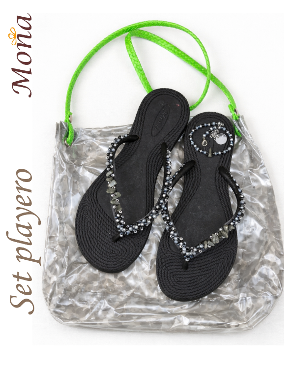 Producto - Set ojotas bordadas, tobillera y bolso playero