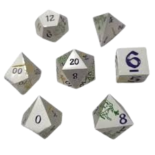 Producto - Set de 7 Dados de Metal - Gris Oscuro con Dibujos Verdes y Amarillos