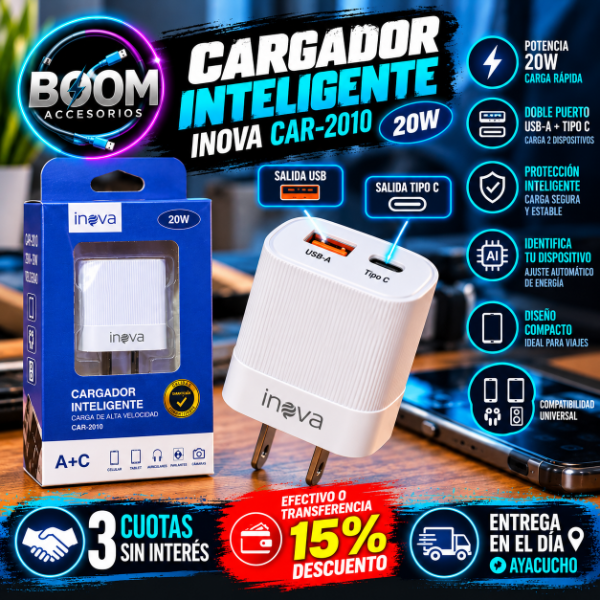 Producto - Cargador Inova Car-2010 Con Usb-a/usb-c - 0