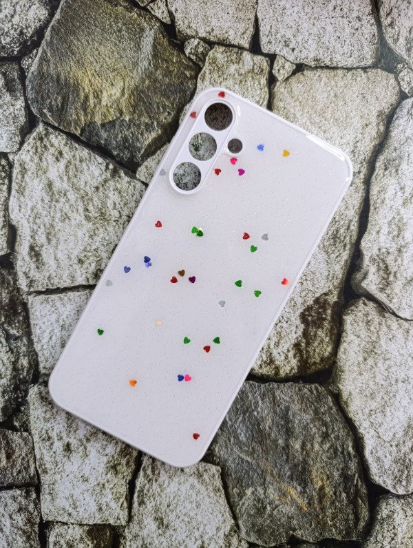 Producto - Funda glitter corazones Samsung A15 blanca