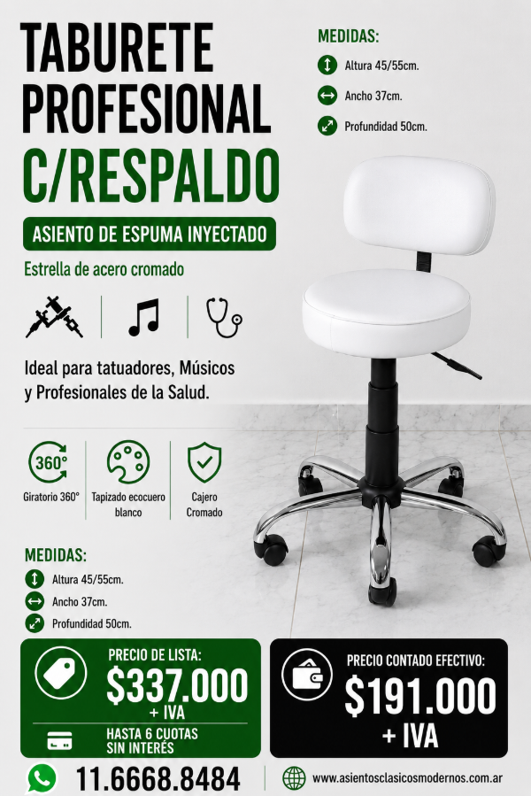 Producto - TABURETE PROFESIONAL CROMADO, C/Respaldo Tapiz B/N!!