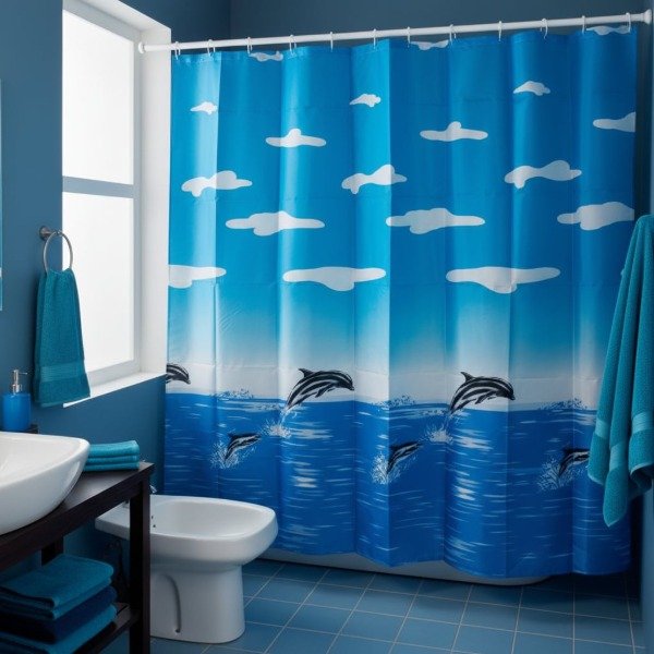 Producto - CORTINA PARA BAÑO DE RASO TEFLONADA ESTAMPA "DELFÍN"