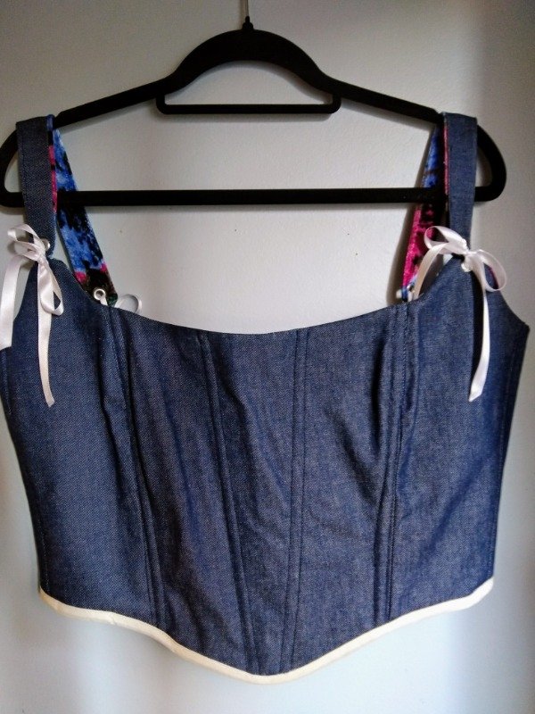 Producto - Corset Reversible en terciopelo flores y denim azul acero, Talle L (46/48)