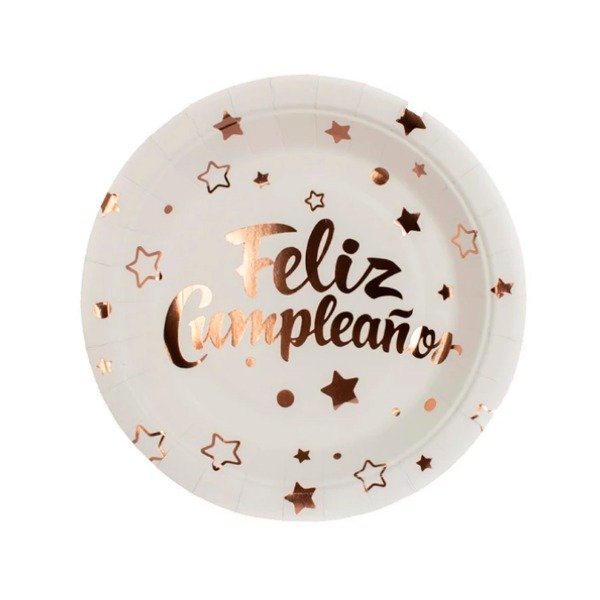Producto - Plato metalizado impreso FELIZ CUMPLE x10un color blanco letra rosa gold