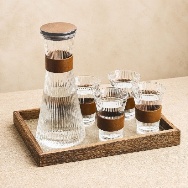 Producto - Jarra de vidrio con 4 vasos madera