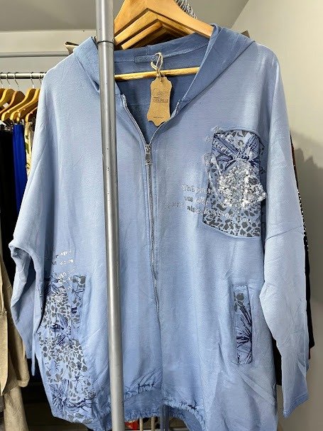 Producto - Campera Moda Italiana Regulable de Diseño y Lentejuelas abarca XL-XXL Celeste