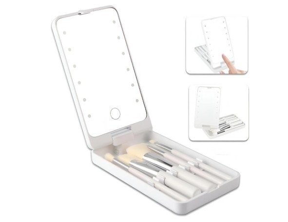 Producto - Set de Brochas Con Estuche Rigido, espejo y luces Led Carga USB Gira 360