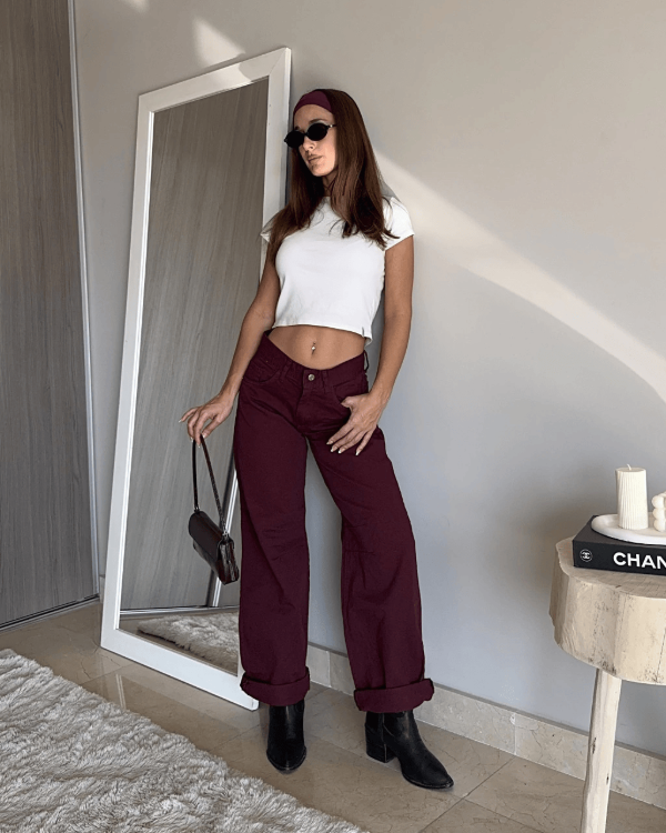 Producto - Jean Baggy Pliegue Rodilla Bordó