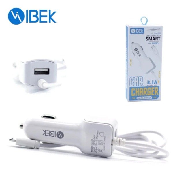 Producto - CARGADOR PARA AUTO 3.1A 1 PUERTO USB CON CABLE V8 MICRO USB IBEK IK-AC06 (mx)