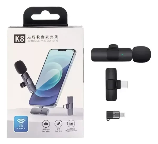 Producto - Micrófono Inalambrico K8 Tipo C + Adaptador Lighting Negro