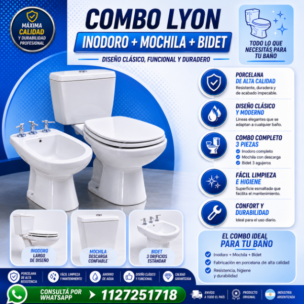 Producto - Combo Lyon, Inodoro largo, Mochila de Apoyo y Bidet