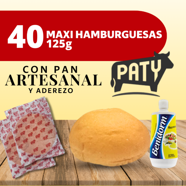 Producto - 40 MAXI HAMBURGUESAS 125grs PATY C/ PAN Y ADEREZO