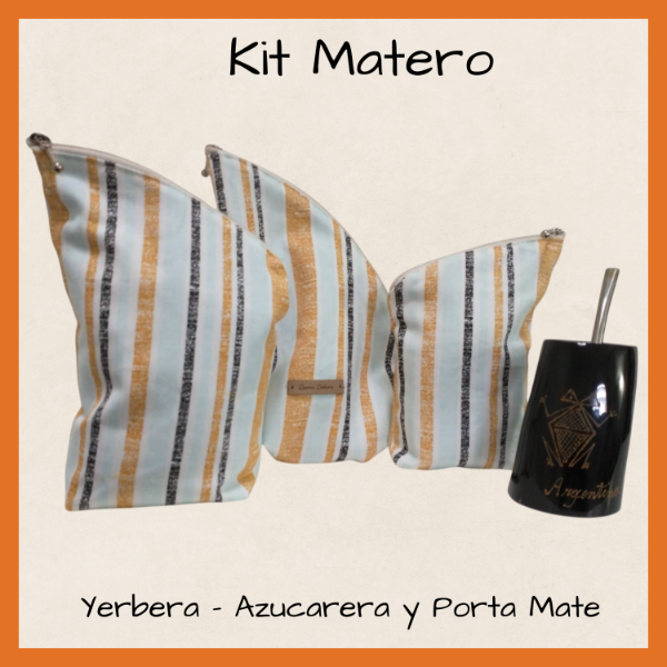 Producto - Set matero - Rayas Celestes y doradas