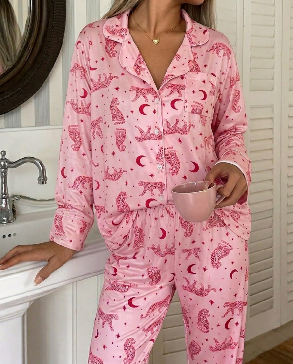 Producto - Pijama camisero largo - Rosa con leopardos