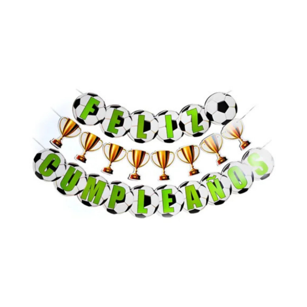 Producto - Banderin con forma de pelotas de fútbol y copas FELIZ CUMPLEAÑOS