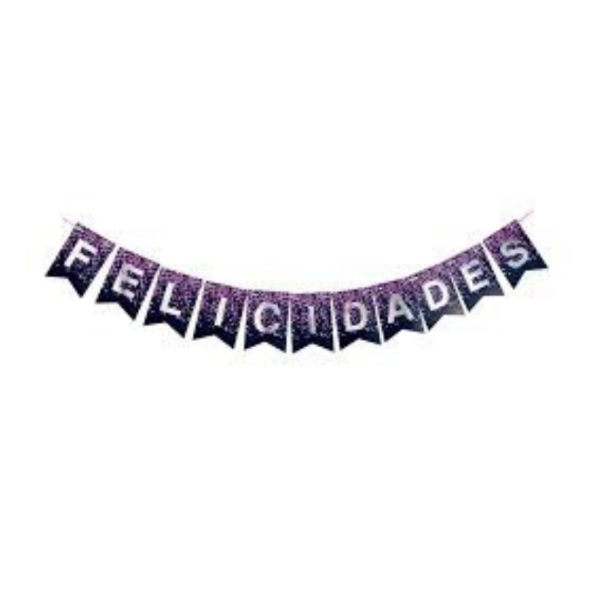 Producto - Banderin confetti stamping FELICIDADES color negro y fucsia letra plateada