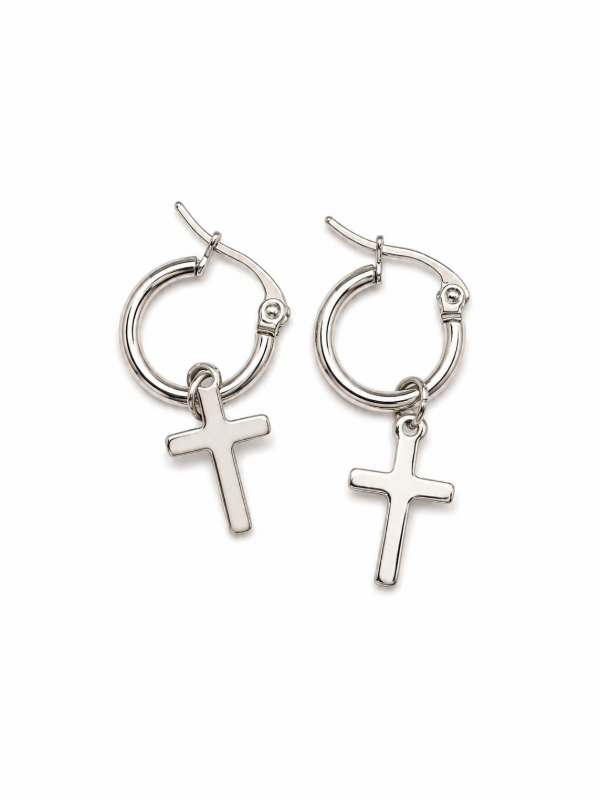 Producto - PROMO Aros de acero plateados cruz movil con argolla