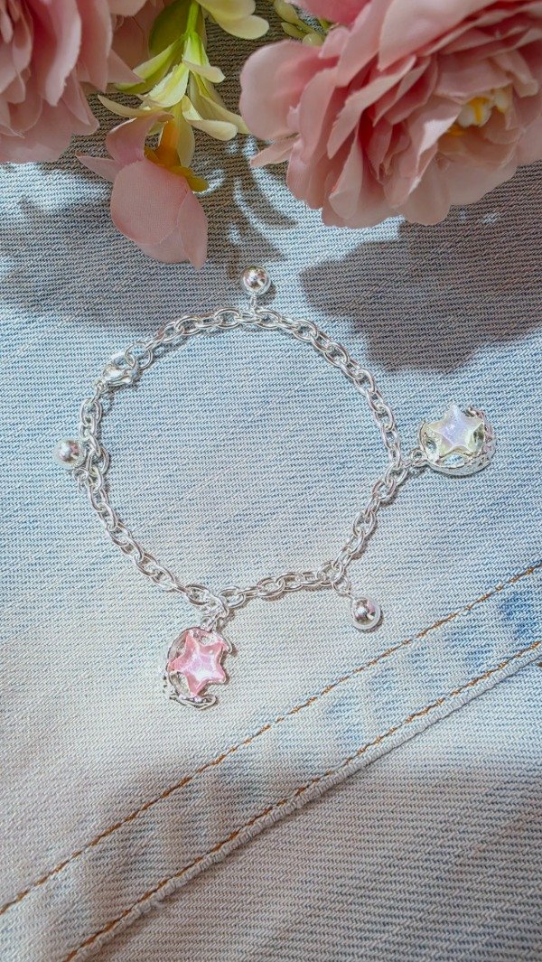 Producto - Pulsera dije luna y estrella rosa y blanca AB