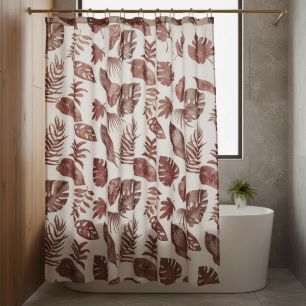 Producto - CORTINA PARA BAÑO DOBLE FONDO BEIGE "HOJAS MONSTERAS MARRÓN" PREMIUM