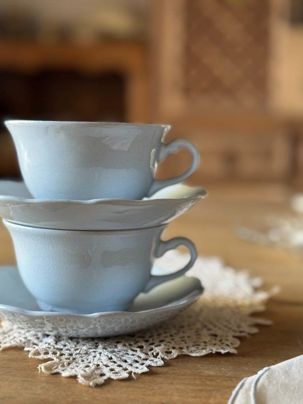 Producto - Taza de té con plato de loza inglesa Swinnertons Staffordshire celeste outlet