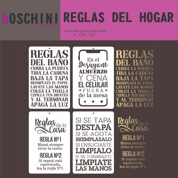Producto - 18 DISEÑOS STENCIL REGLAS DEL HOGAR - PACK VECTORES PARA CORTE LASER