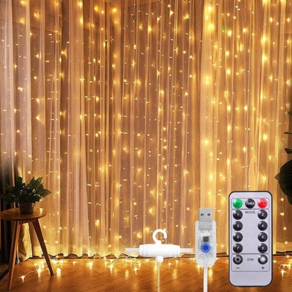 Producto - Cortina de luces led 3mt x 2mt control remoto y USB calida