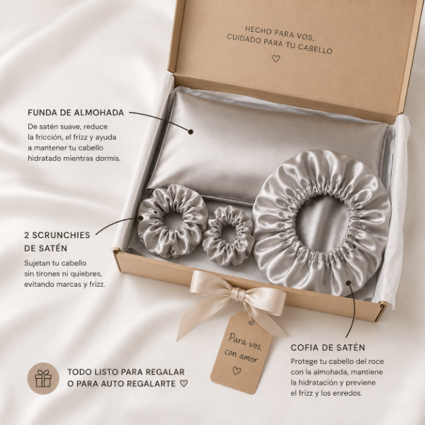 Producto - Beauty Essential Box Satén - Kit para Cuidar el Cabello Mientras Dormís - 1