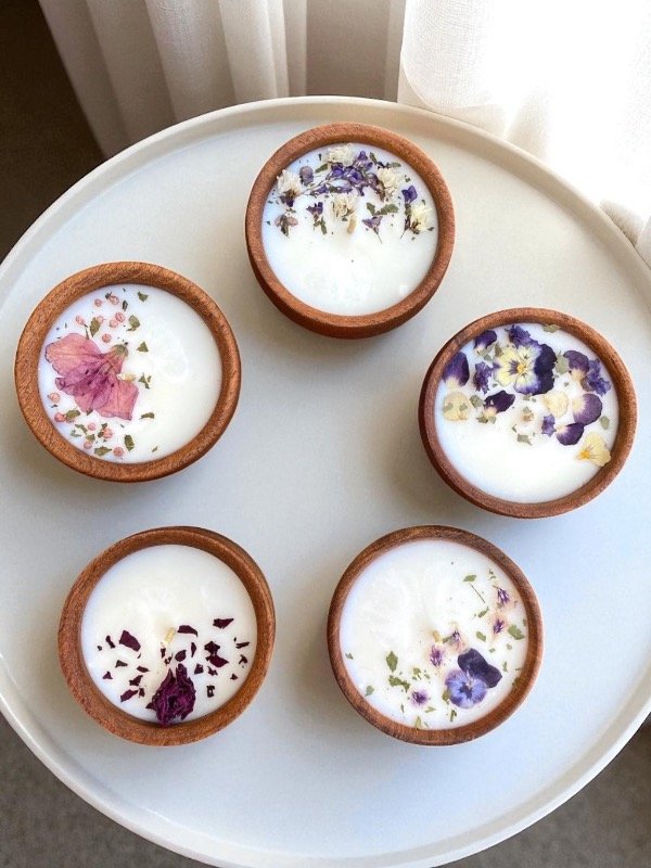 Producto - Velas Florales en cuencos de madera