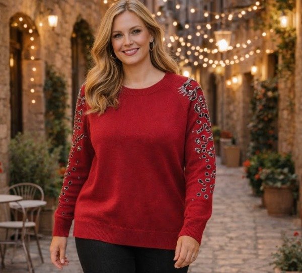 Producto - Sweater Premium Importado Bordado Lentejuelas y Canutillos  120 cm Bordo