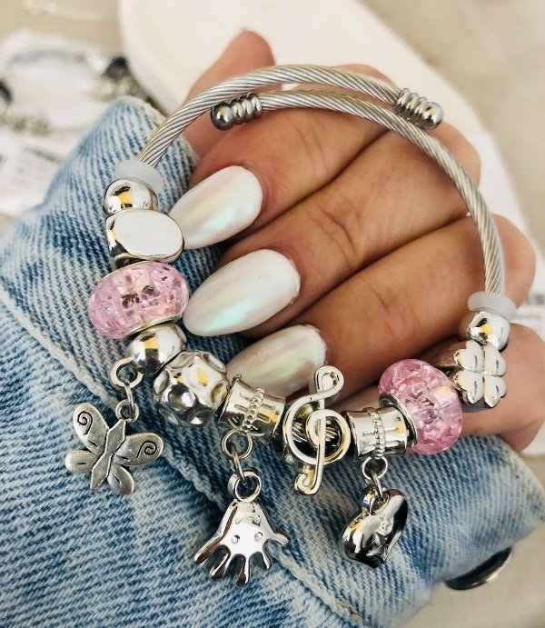 Producto - Pandorita Acero Quirúrgico Rosa bebé con dijes modelo 5