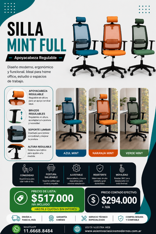 Producto - HOME OFFICE Silla MINT FULL, Respaldo RED Tapiz Eco/Lino/Marathon!!