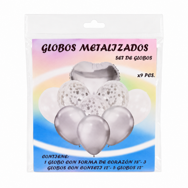 Producto - Set de 9 globos Corazon metalizado + 3 confetti + 5 perlados - 0