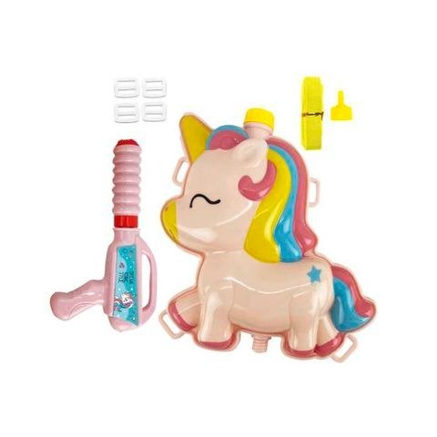 Producto - PISTOLA LANZA AGUA CON MOCHILA UNICORNIO 23.6X13.6X4CM EN BOLSA BASE-X