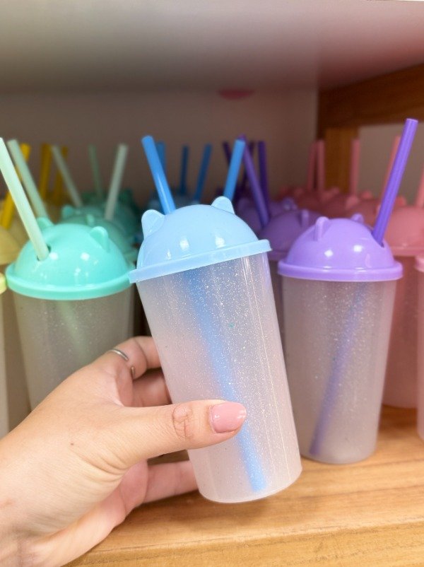 Producto - Vaso plástico de glitter con sorbete y tapa orejitas 300cc. - 1