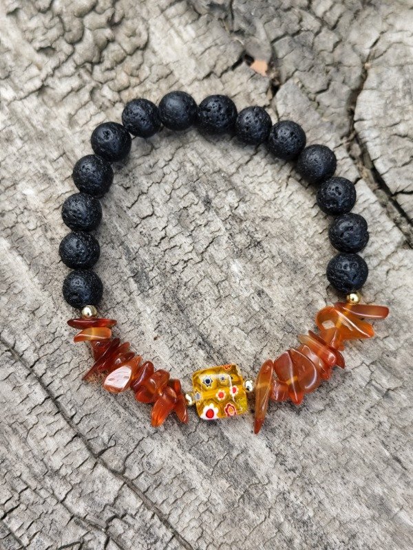 Producto - PULSERA PIEDRA VOLCÁNICA, CORNALINA Y CRISTAL DE MURANO - Vitalidad y Protección