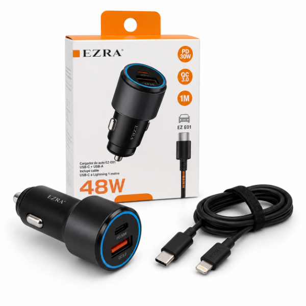 Producto - Adaptador Metalizado de Auto + Cable TPC-IOS - USB-TPC  48W PD30-QC3.0 EZ-E01. - 0
