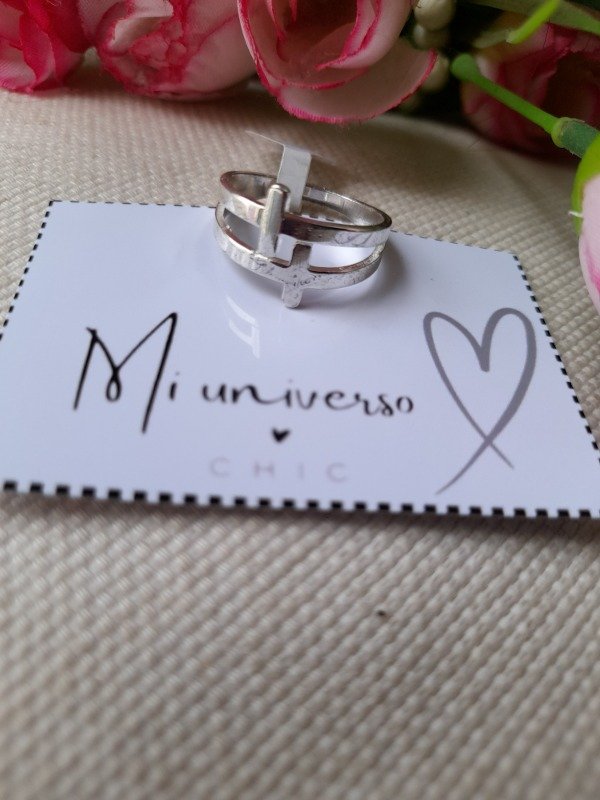 Producto - Anillo doble cruz acero plateado